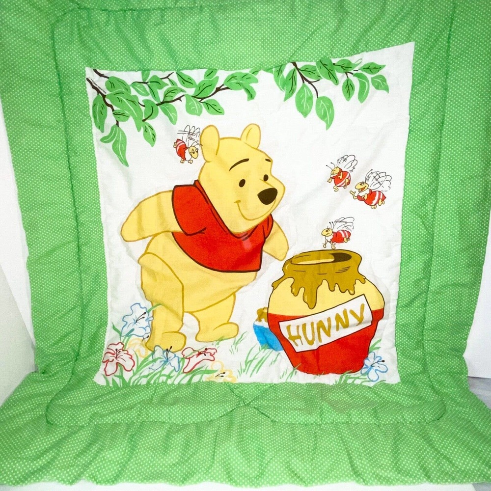 Vintage Winnie The Pooh Blanket Honey Jar Bees Disney Baby Quilt Green Polka Dot